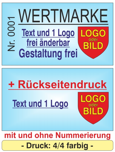 1000 Wertmarken 4/4 "doppelseitig farbiger druck" - mit Text + Logo [[- inkl. Gestaltungsservice -]]